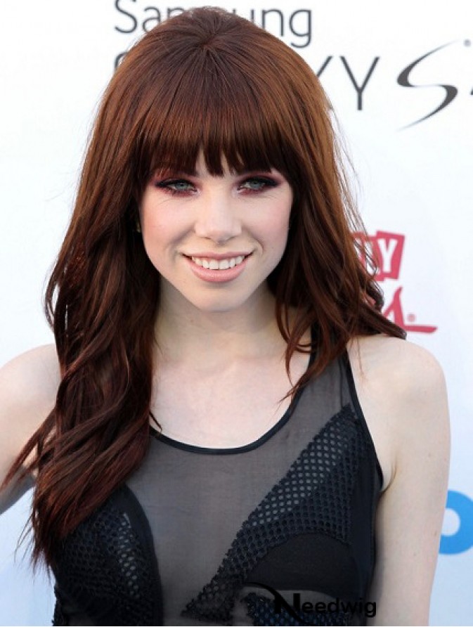 Carly Rae Jepsen Wigs With Bangs Long Length Wavy Style Auburn Color