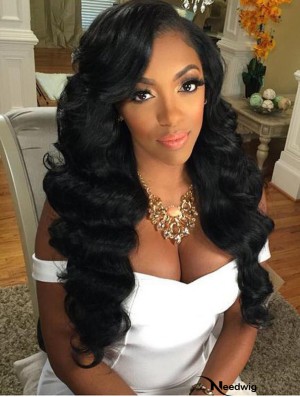 Remy Human Hair Black Wavy 22 inch Without Bangs 360 Lace Wigs