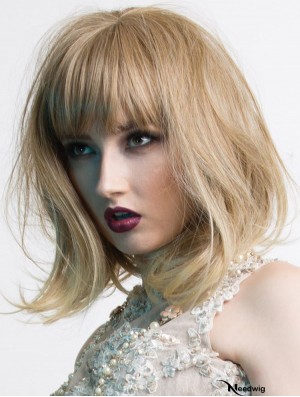 Shoulder Length With Bangs 14 inch Wavy Blonde Medium Wigs