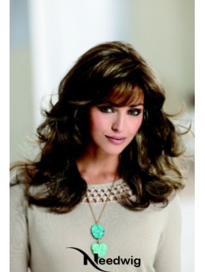 Sleek Brown Wavy With Bangs Capless Long Wigs