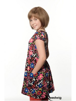 Straight Chin Length Brown Remy Human Hair 100% Hand-tied Kids Wigs