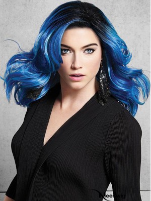 Shoulder Length Great Blue Synthetic Without Bangs Lace Front Wigs